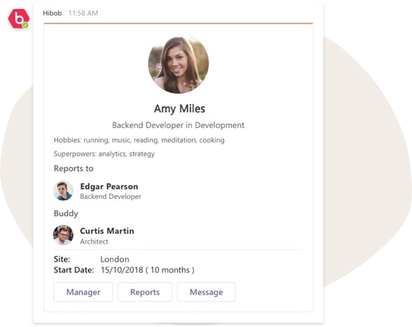 Amy Miles profile as Backend Developer, hobbies: running, music; reports: Edgar Pearson, buddy: Curtis Martin, User profile information in a work context, highlighting responsibilities and locations.