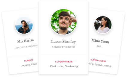 Mia Harris, Account Executive, Lucas Stanley, Senior Engineer, Mina Yoon, SDR, Hobbies, Superpowers