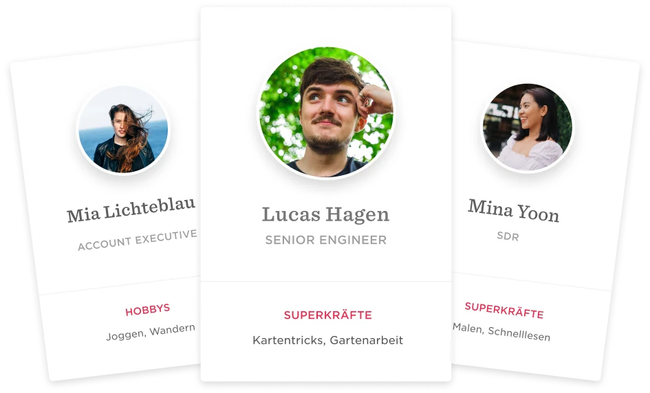 Mia Lichtelblau, Lucas Hagen, and Mina Yoon's profiles highlight roles and hobbies, Account executive, senior engineer, SDR profiles with hobbies