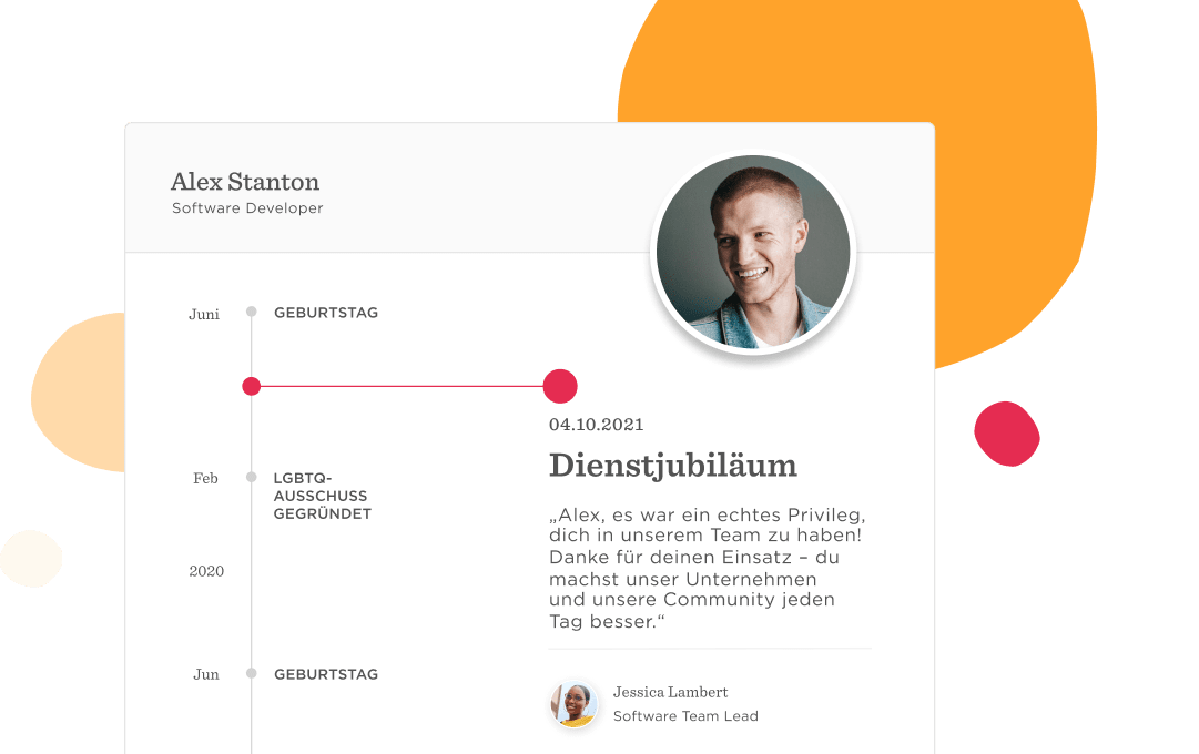 Alex Stanton's profile featuring a timeline of milestones, birthday, and appreciation message from Jessica Lambert, Timeline of achievements and personal milestones for Alex Stanton, Software Developer.