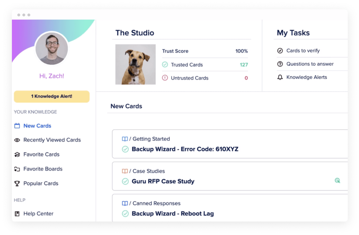 profile dashboard, knowledge alerts with dog image, trust score 100%, and task management section