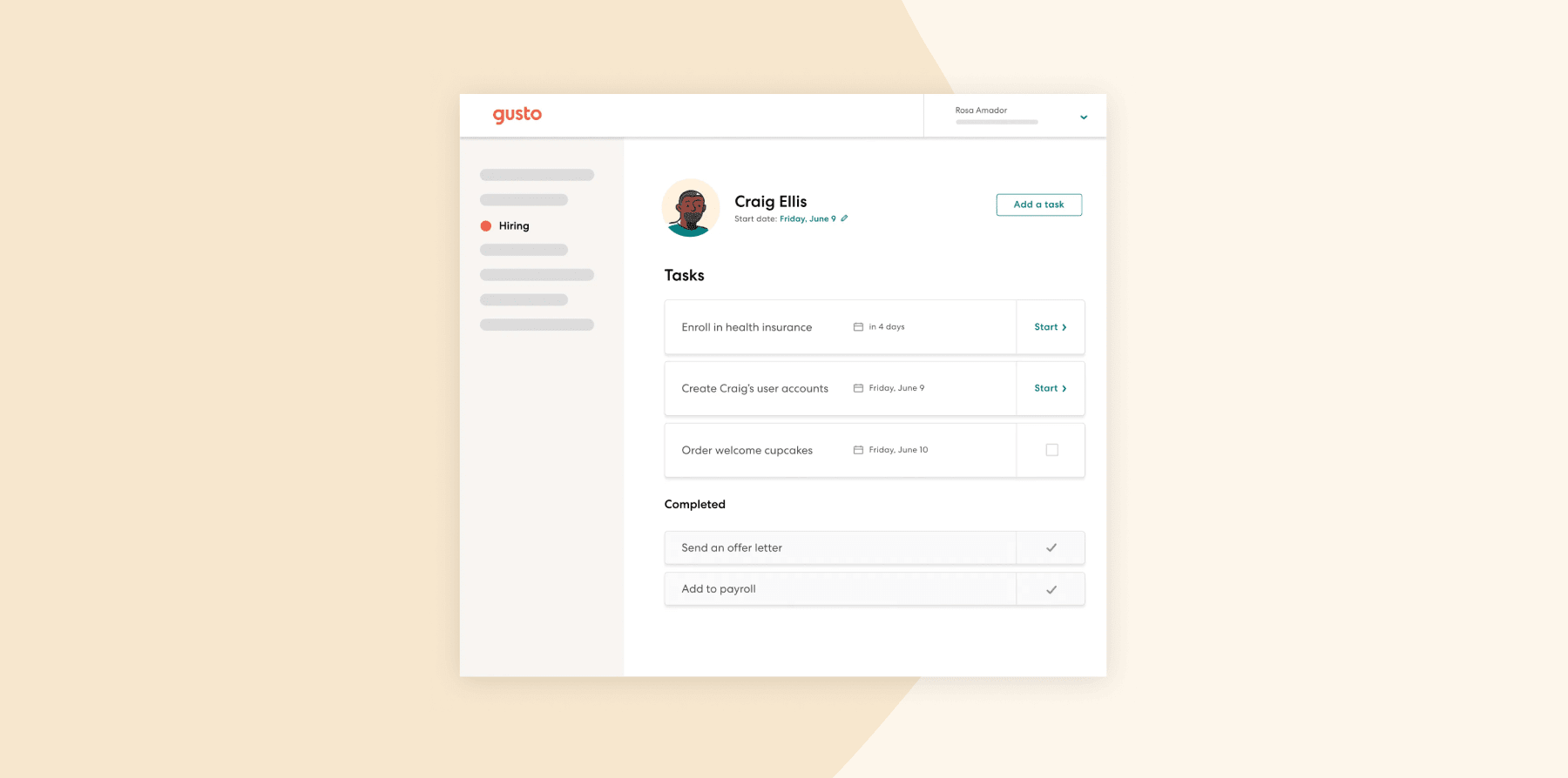 gusto dashboard showing tasks for Craig Ellis, including health insurance and account creation, task management and hiring overview
