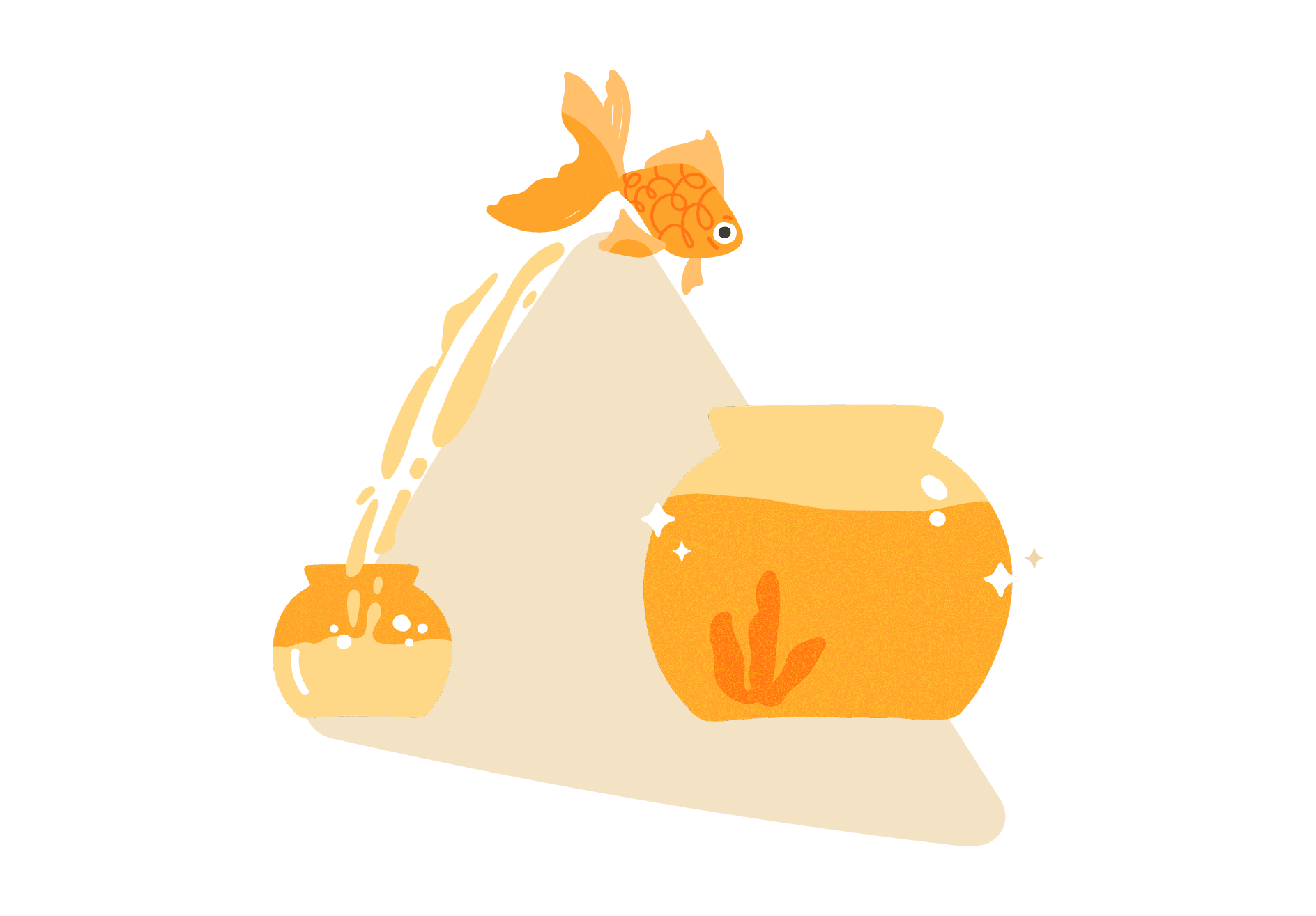 goldfish jumping above two fish bowls with orange water and decorative plants, playful aquatic scene with cheerful fish