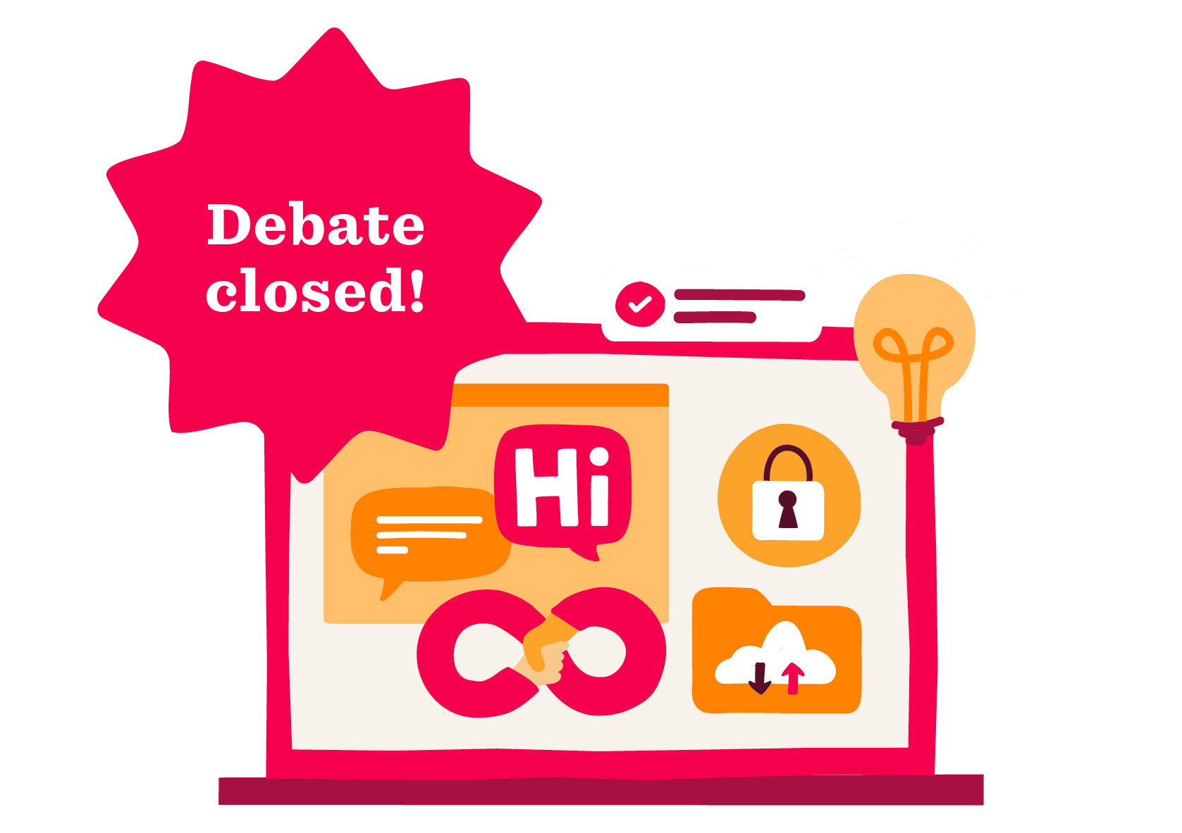 Debate closed message on a computer screen featuring icons like chat bubbles, security lock, and cloud storage., computer screen with debate closed, security and cloud storage icons