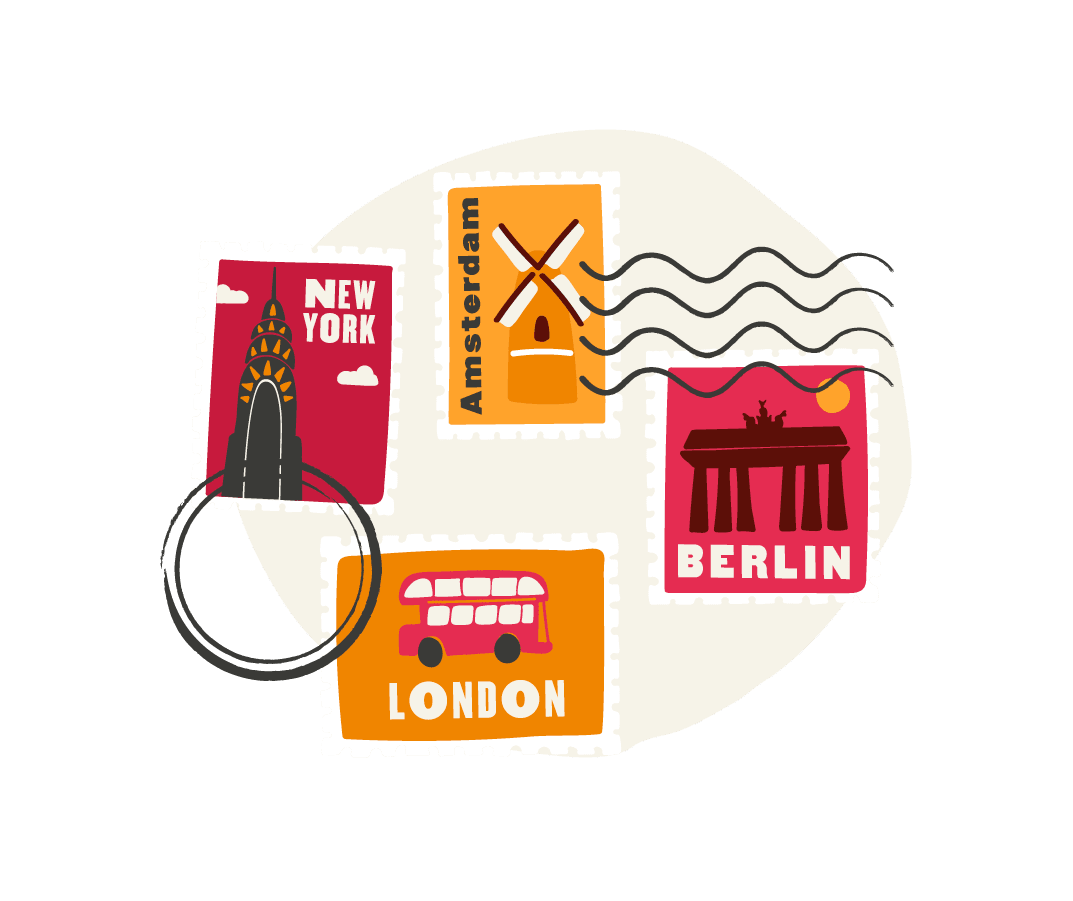 travel stamps, New York Amsterdam London Berlin illustrations