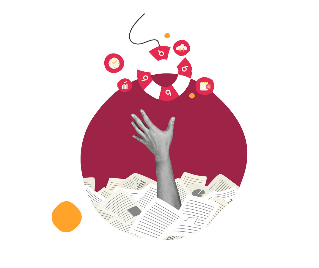hand reaching out from a sea of paperwork, surrounded by icons symbolizing data and urgency, overwhelmed by documents with creative icons above