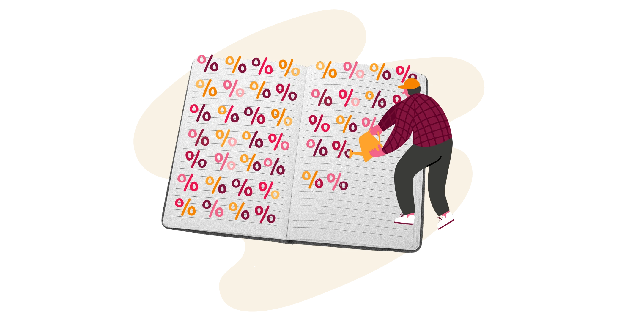 person watering a book with percentage symbols on the pages, showcasing growth or progress in a creative manner, illustrative art of book and person with numbers