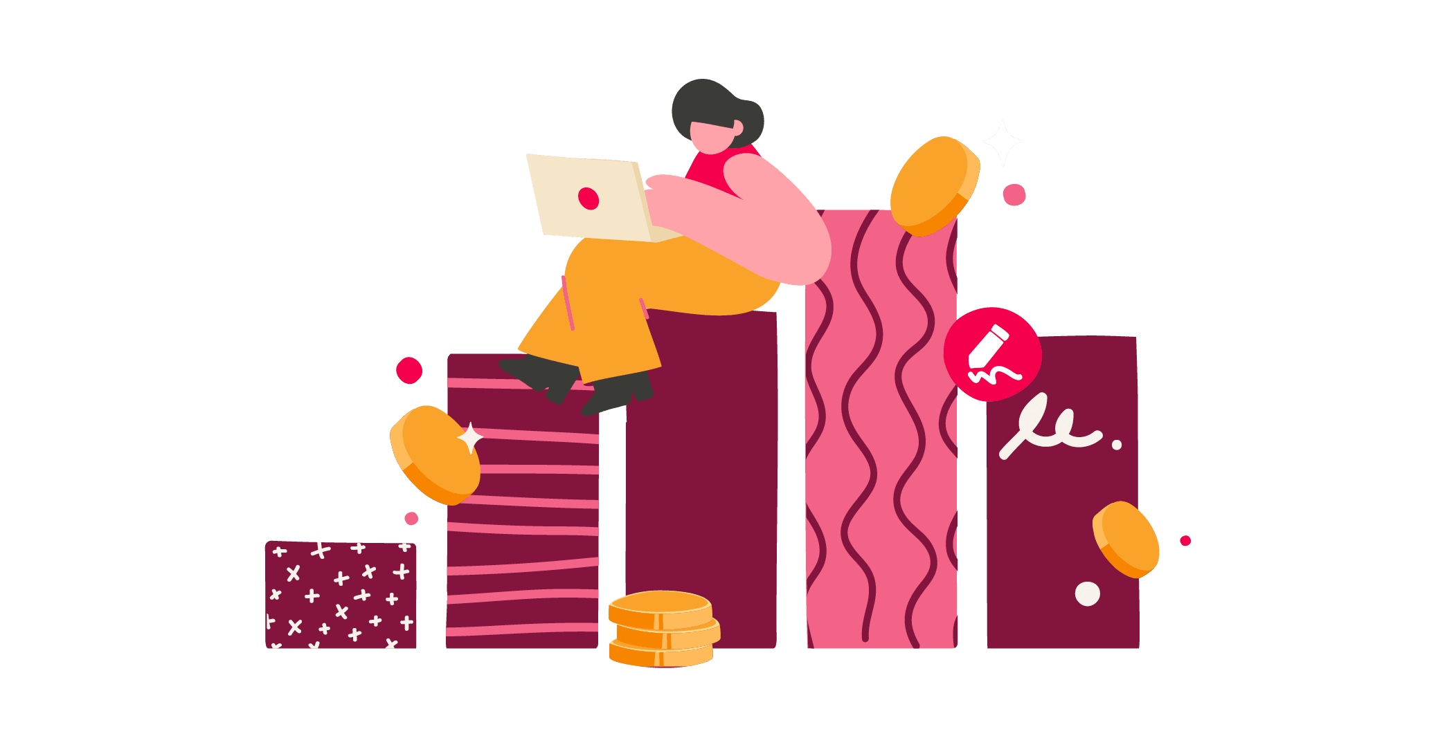 illustration of a person working on a laptop atop colorful bars representing growth with coins, stars, and playful designs, person working on laptop with growth bars and coins