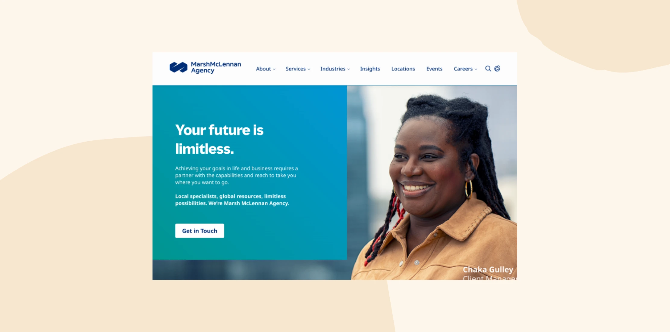 Your future is limitless, showcasing diverse professional services at Marsh McLennan Agency with a smiling consultant's portrait. image, consultant