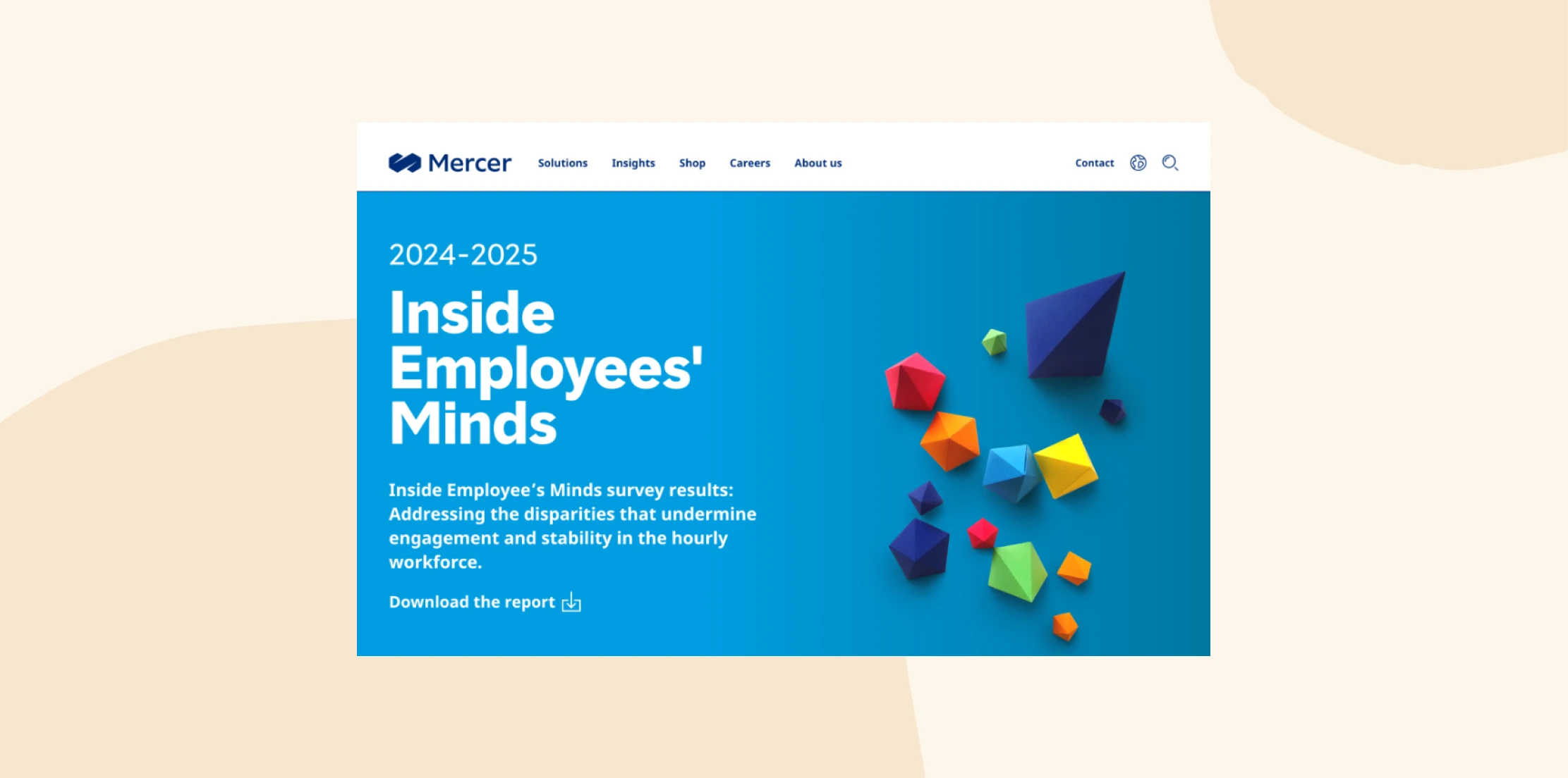 2024-2025 Inside Employees' Minds report cover with colorful geometric shapes on a blue background. Download available., Mercer, EmployeeEngagement