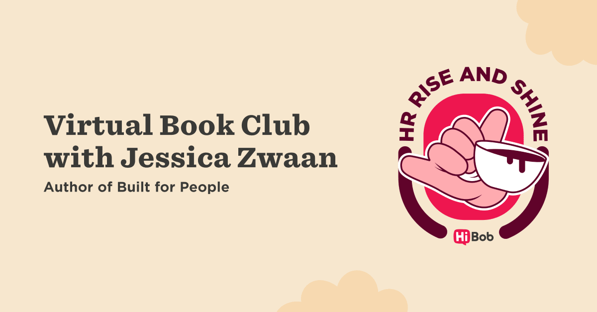 Virtual Book Club event with Jessica Zwaan, featuring coffee-themed graphics and HiBob branding., VirtualBookClub, HiBob
