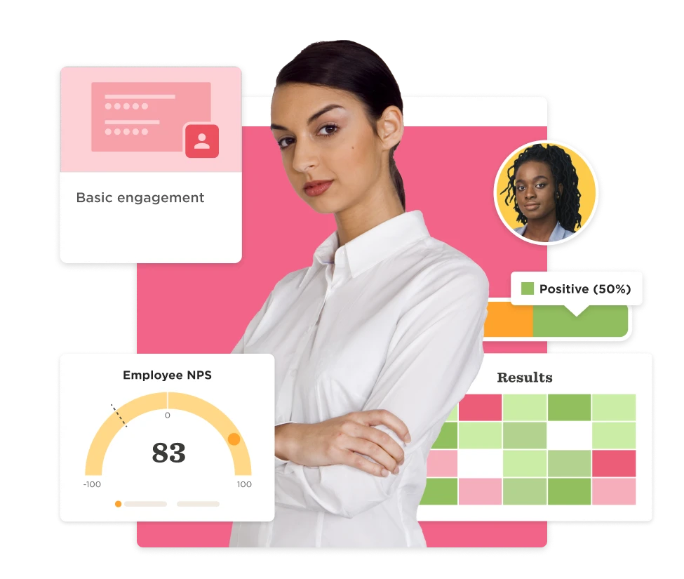 professional woman with arms crossed, employee engagement metrics and positive results visualizations
