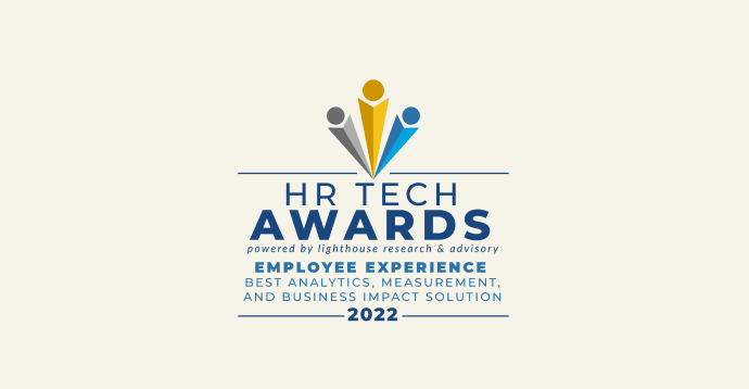 HR Tech Awards logo highlighting employee experience and analytics solutions with vibrant colors and a professional design, 2022 Awards logo with emphasis on best practices in HR technology and measurement solutions
