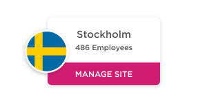 Stockholm site information card with Swedish flag, employee count, and manage site button., Stockholm, SwedishFlag