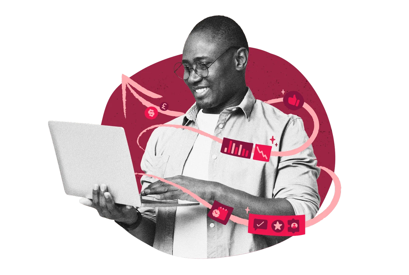 person using laptop, data charts and icons representing finance and analytics