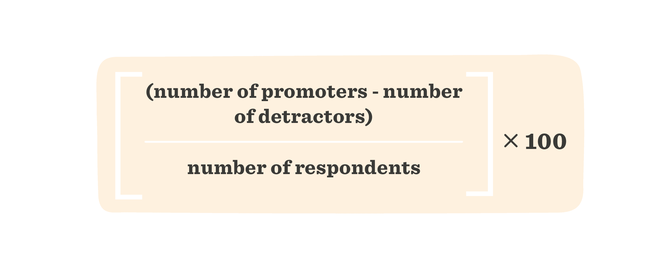 NPS calculation formula displayed on an orange background, showing promoter and detractor counts for respondents., NPS, netpromoterscore
