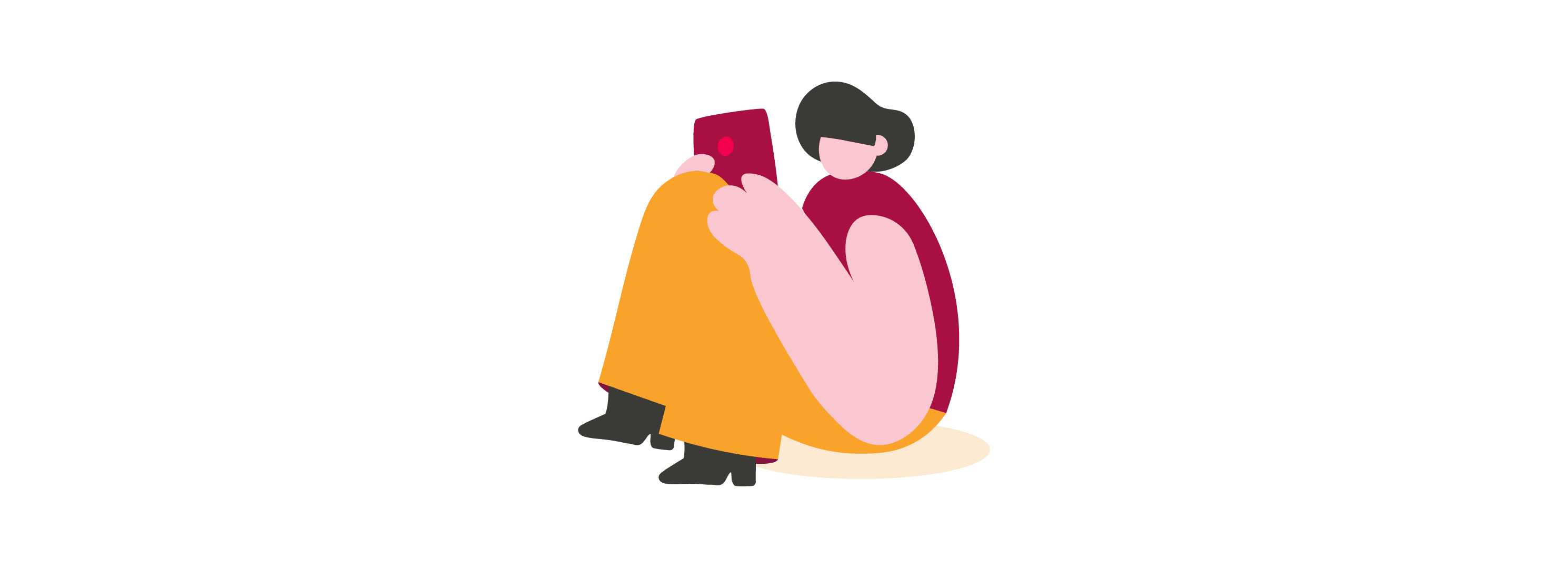 person sitting with a phone, wearing colorful clothes, reflecting cozy and relaxed mood, illustrative art emphasizing personal connection through tech