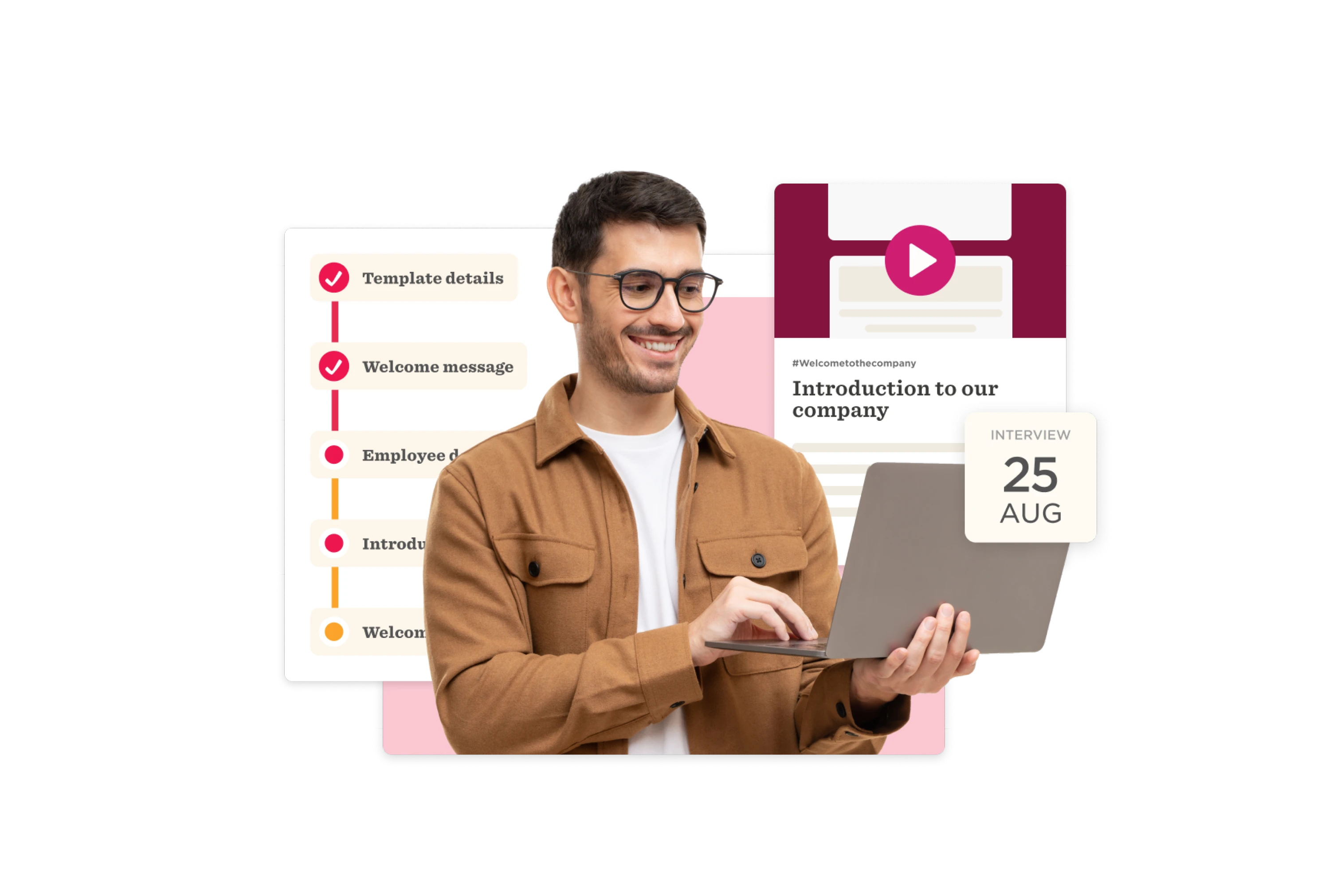 professional man smiling with laptop, introductory information for a company interview on August 25