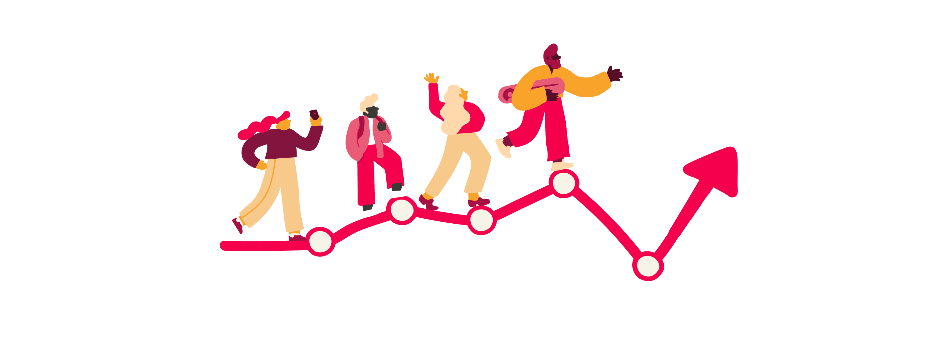 people walking along a growth line with upward arrow, representing progress and teamwork, illustration of diverse individuals celebrating success
