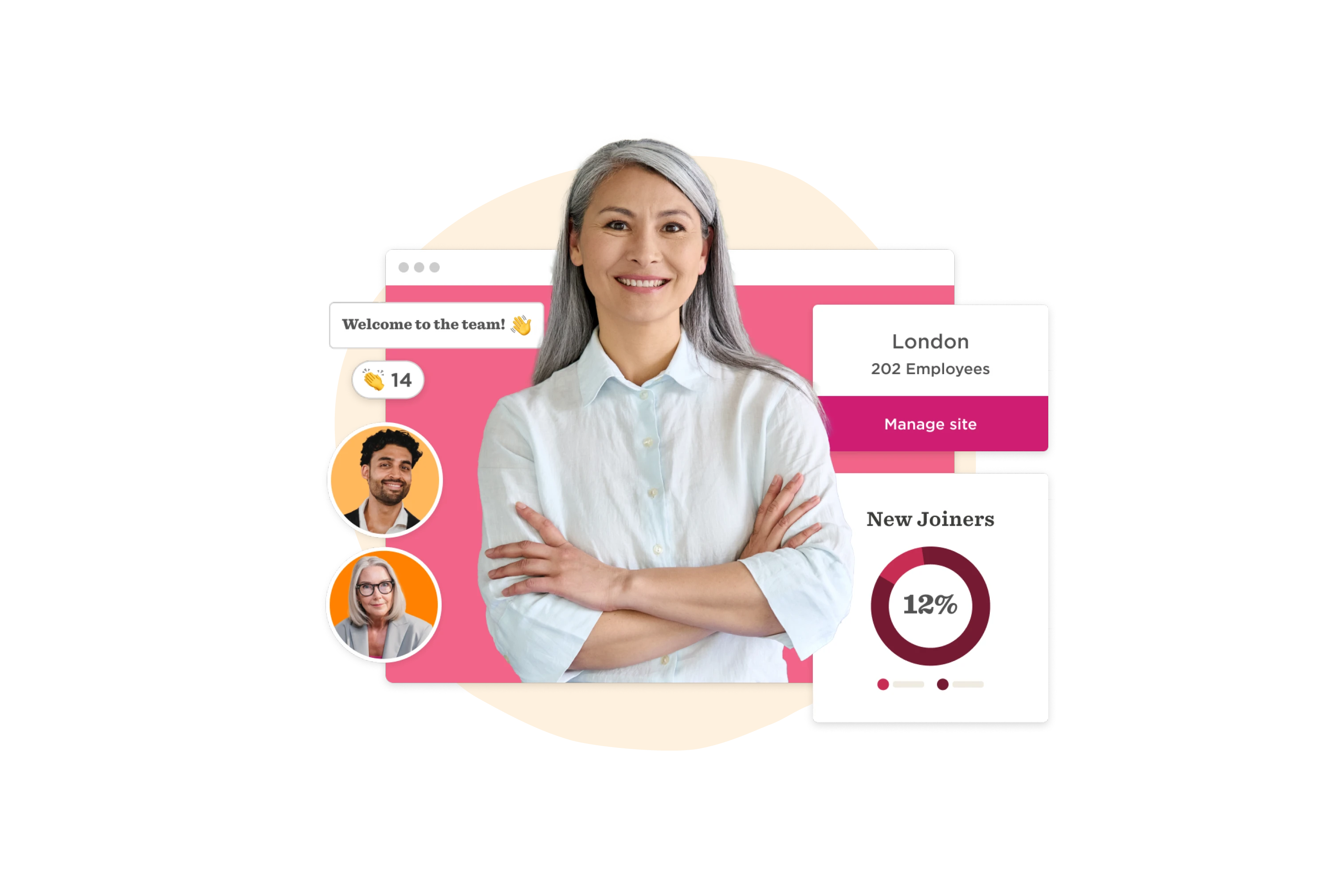 professional woman with gray hair smiling, team interface visuals, statistics on new joiners, and location info, team management interface showing user engagement stats