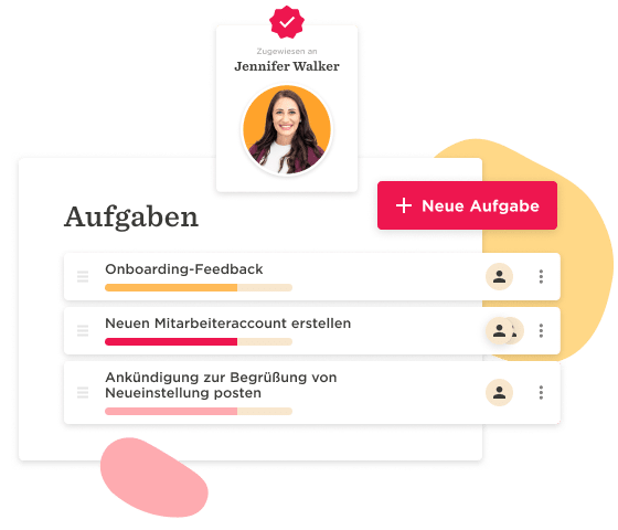 Aufgabenliste mit Profilbild, Aufgabenstatus und neuen Aufgabenoptionen für effizientes Teammanagement, Aufgabenmanagement mit Jennifer Walker, Fortschrittsanzeigen und neue Aufgabenoption.