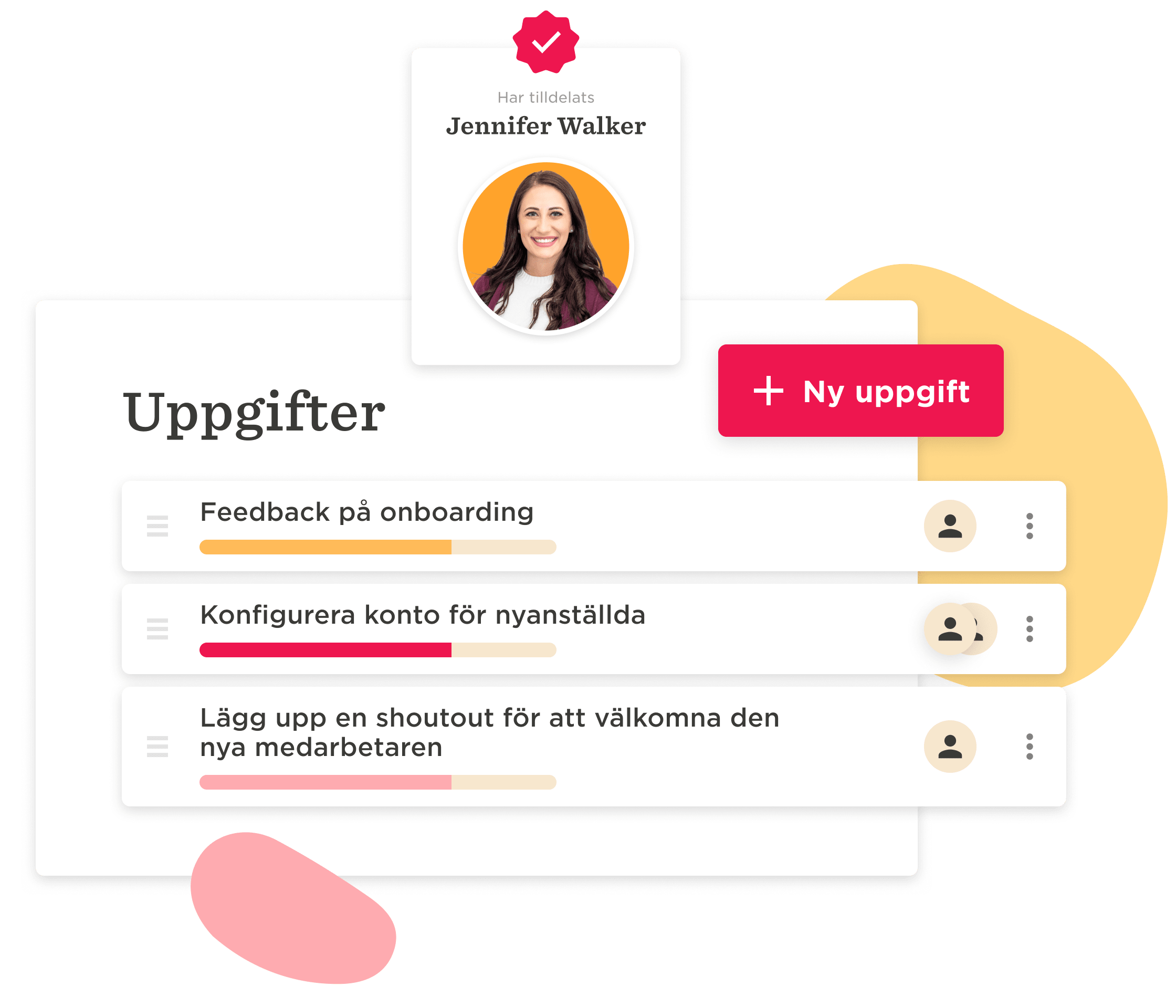Uppgifter för onboarding, med Jennifer Walkers profil och flöde av uppgifter presenterade. Ny uppgift-knapp. , onboarding, uppgifter