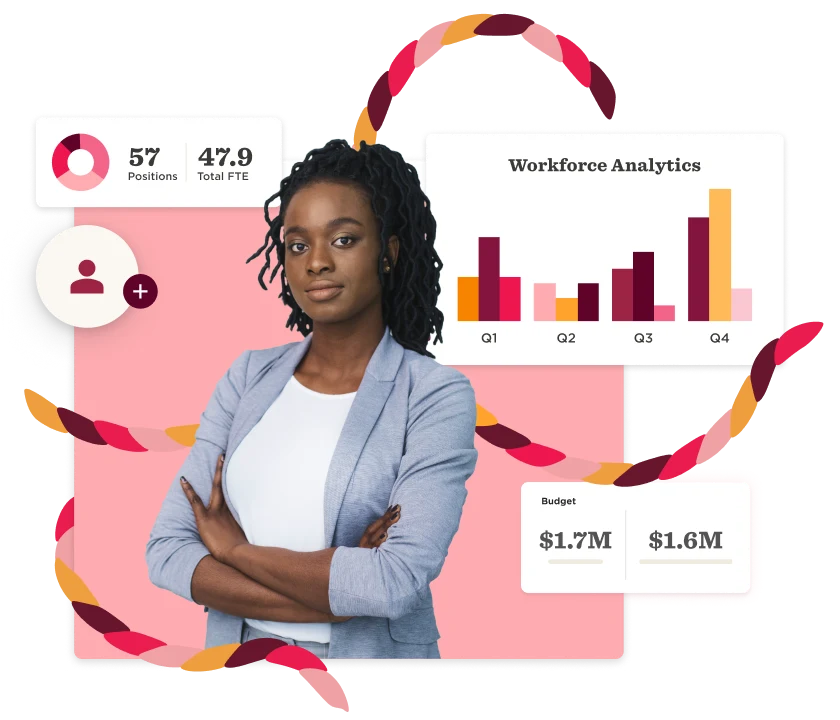 workforce analytics with graphs, budget details, and a confident professional woman in a stylish blue jacket, data visualization and metrics