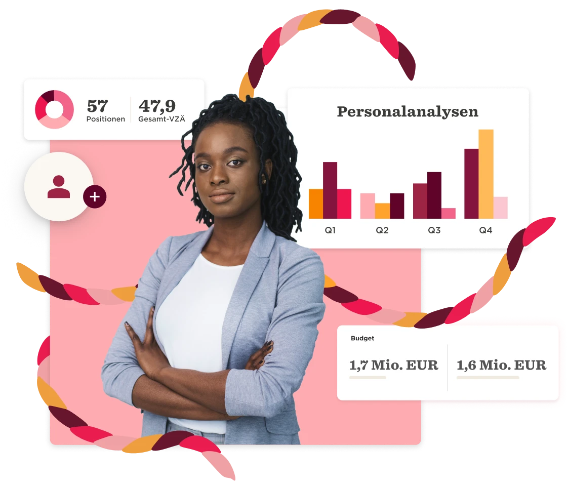 person with curly hair in a business outfit analyzing graphs and budget data surrounded by colorful graphics, business analysis, graphs, budget visualization