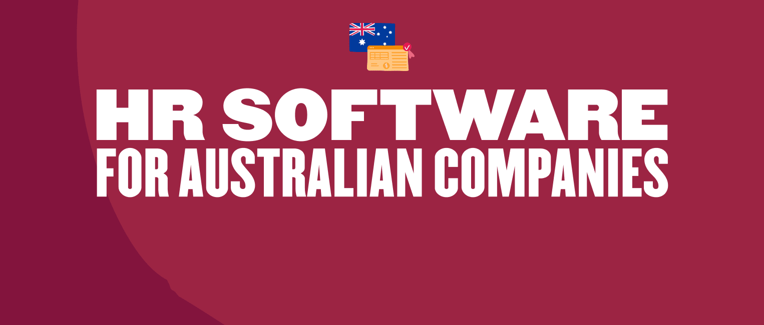 HR software for Australian companies with icons of the Australian flag and business elements on a maroon background. , HRsoftware, Australia