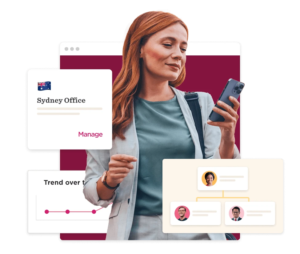 woman using smartphone, Sydney office management and team trend analytics displayed on digital screens
