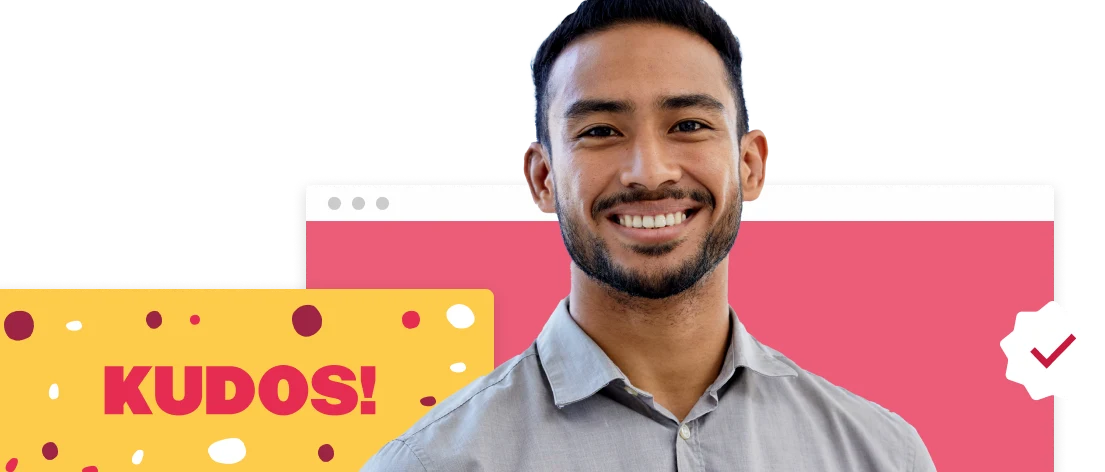 kudos, smiling man with grey shirt in front of colorful background with 'KUDOS!' text and checkmark symbol