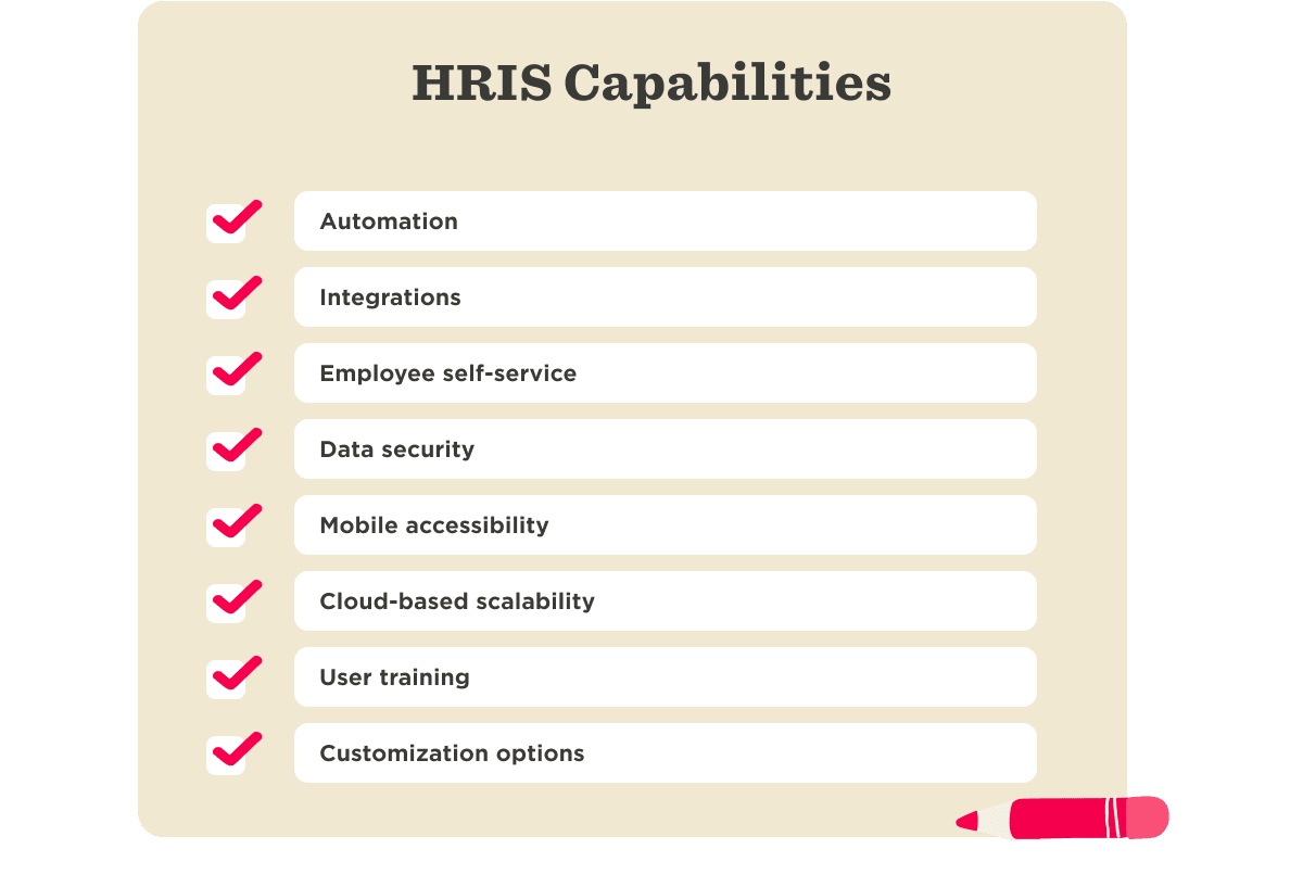 HRIS capabilities checklist with eight features, including automation, data security, and mobile accessibility on a soft background. HRIS, checklist