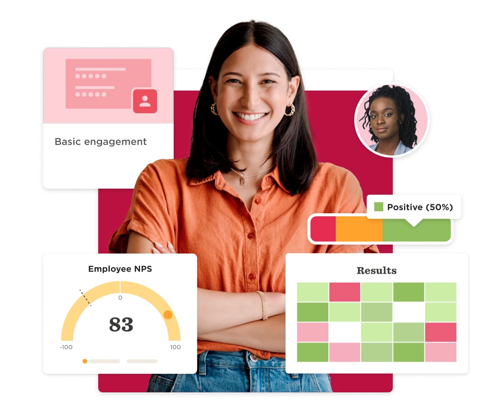 smiling woman in orange shirt with engagement metrics and feedback visuals, employee NPS gauge showing score of 83