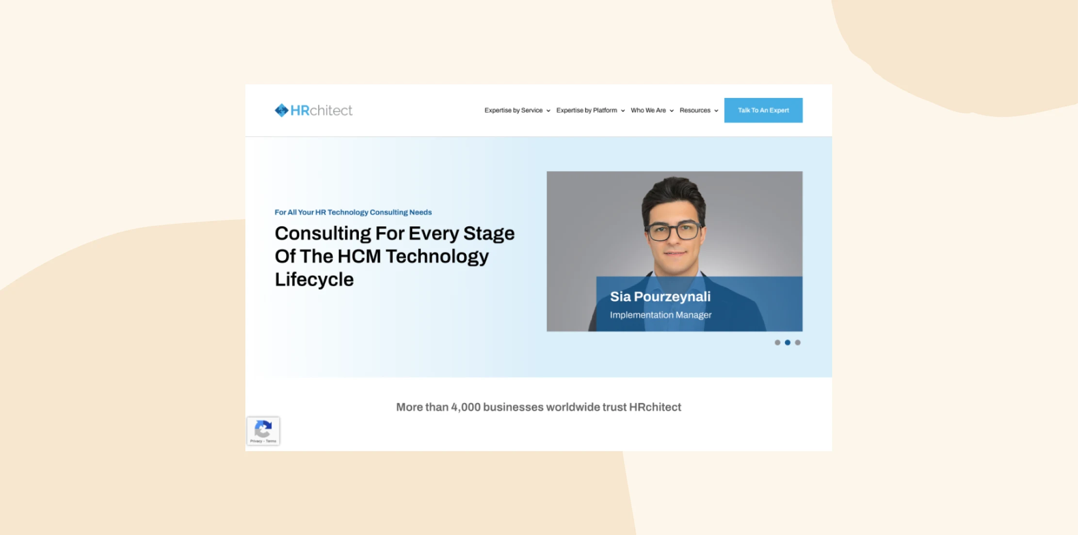 HR Consulting website showcasing HCM technology lifecycle expertise; features an implementation manager's profile. Sia Pourzeynali, HRchitect