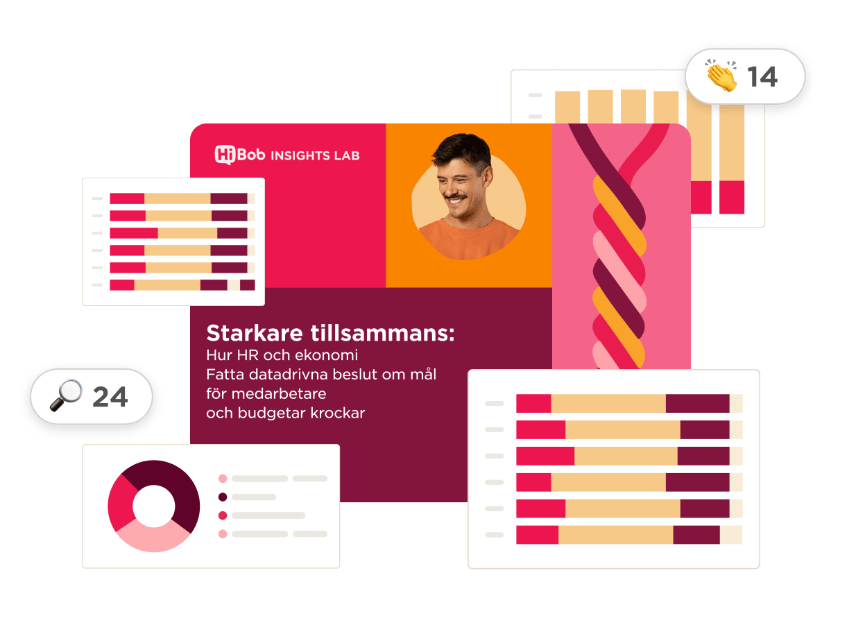 Starkare tillsammans: Illustration of HR and finance insights with charts and a smiling man in a colorful design. 24 insights. , HRInsights, DataDrivenDecisions