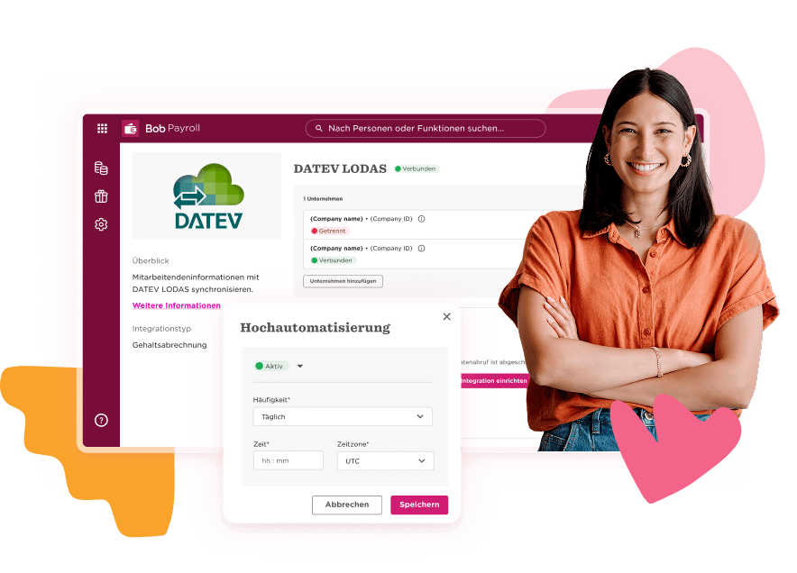 Bob Payroll interface showcasing DATEV integration, featuring a smiling woman in a casual shirt. User-friendly design elements. alt tags: DATEV Payroll Integration, Smiling Woman in Casual Shirt