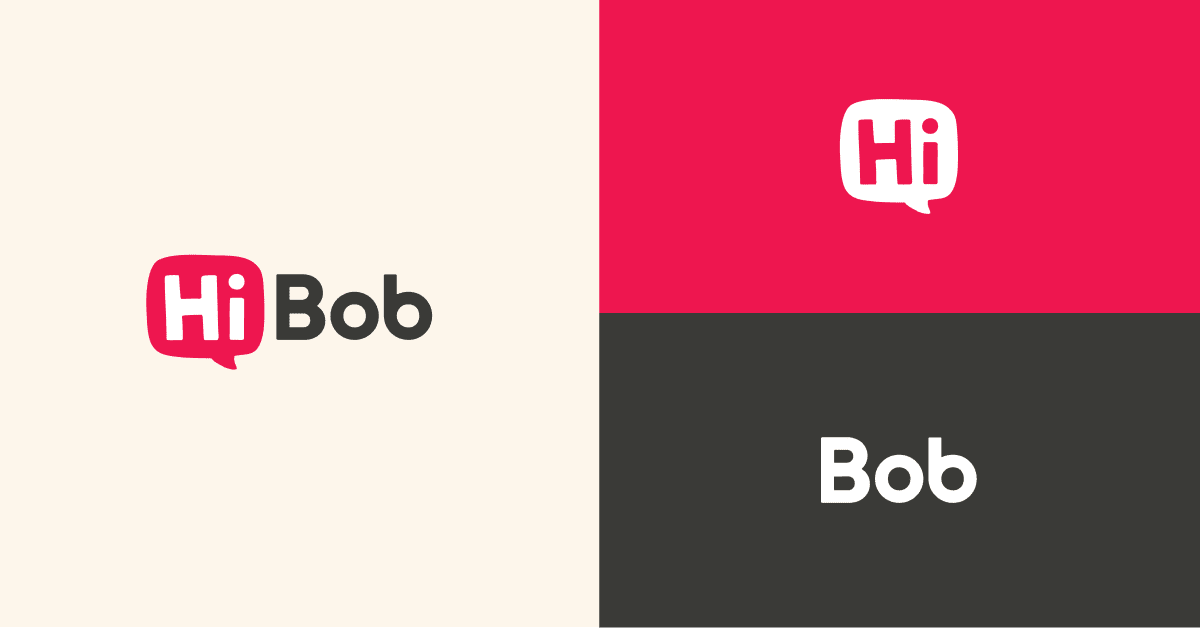 HiBob logo in vibrant colors, featuring playful speech bubble design with 'Hi' and 'Bob' text elements. Branding visuals, Modern logo design with contrasting backgrounds emphasizing friendly engagement and communication.