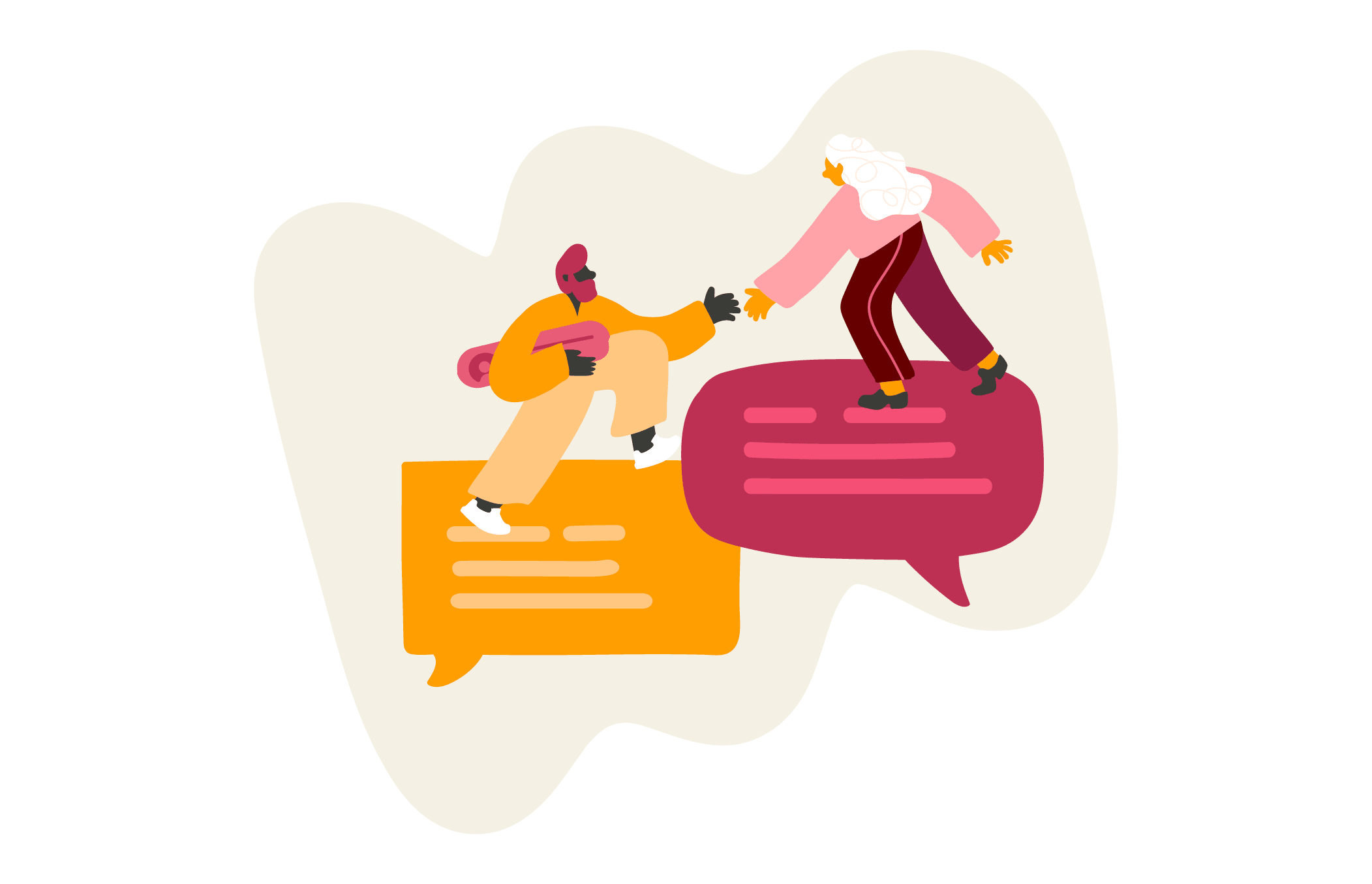 abstract illustration of two characters engaging in conversation over speech bubbles in warm colors, diverse characters communicating and connecting
