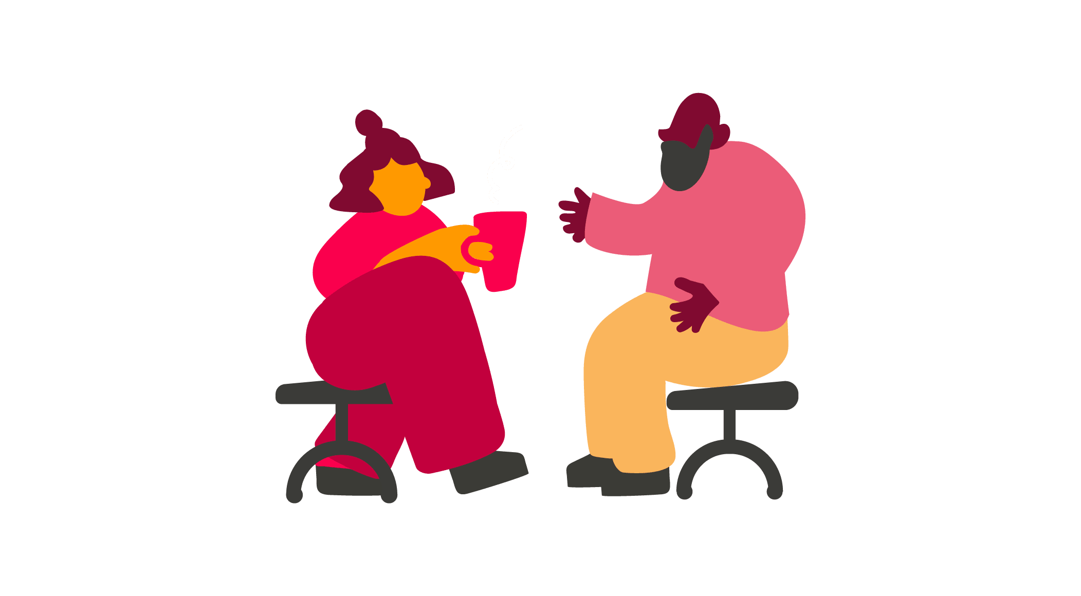 abstract characters, friendly conversation with warm drinks