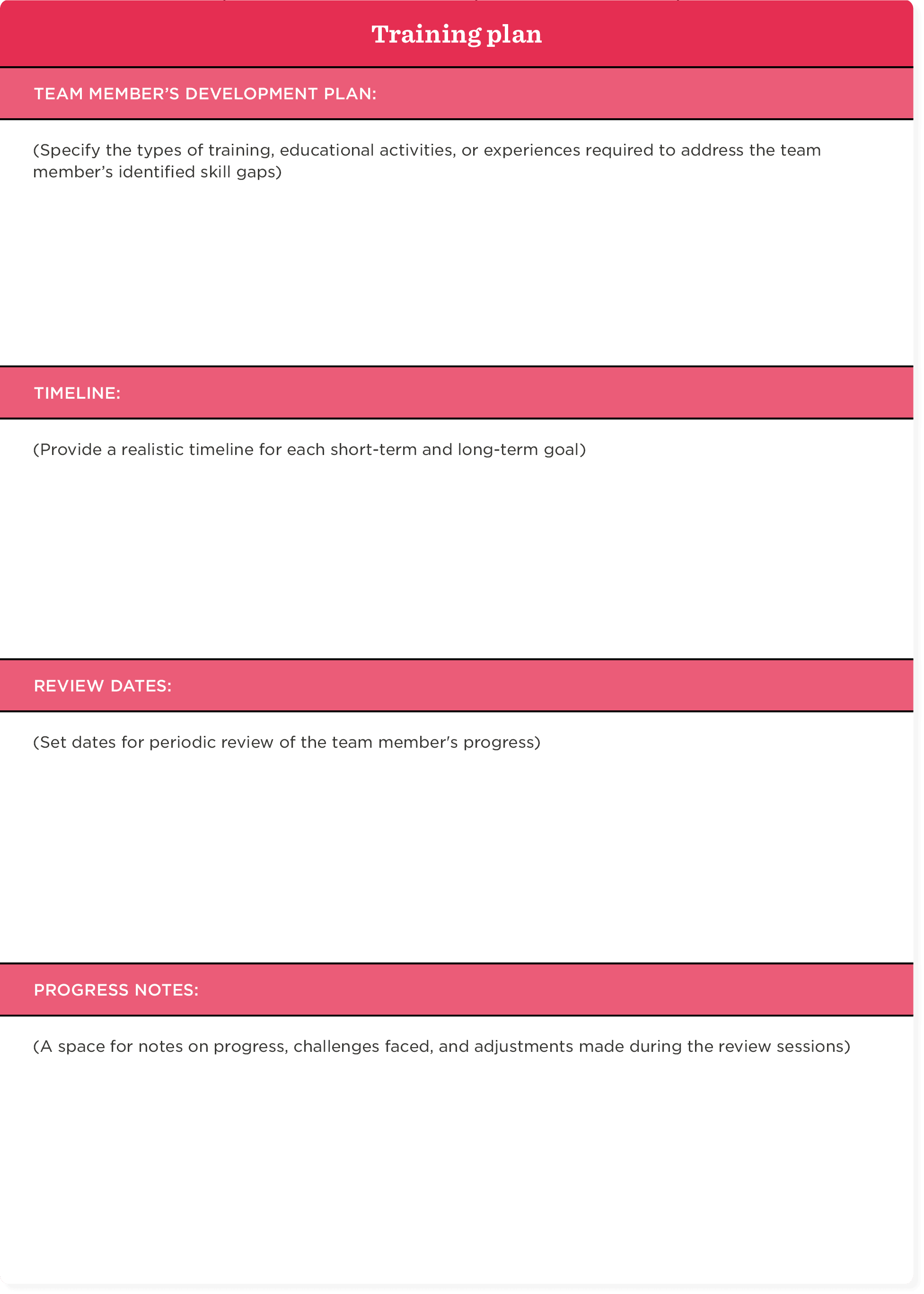 training plan document layout, sections for development, timeline, review dates, and progress notes