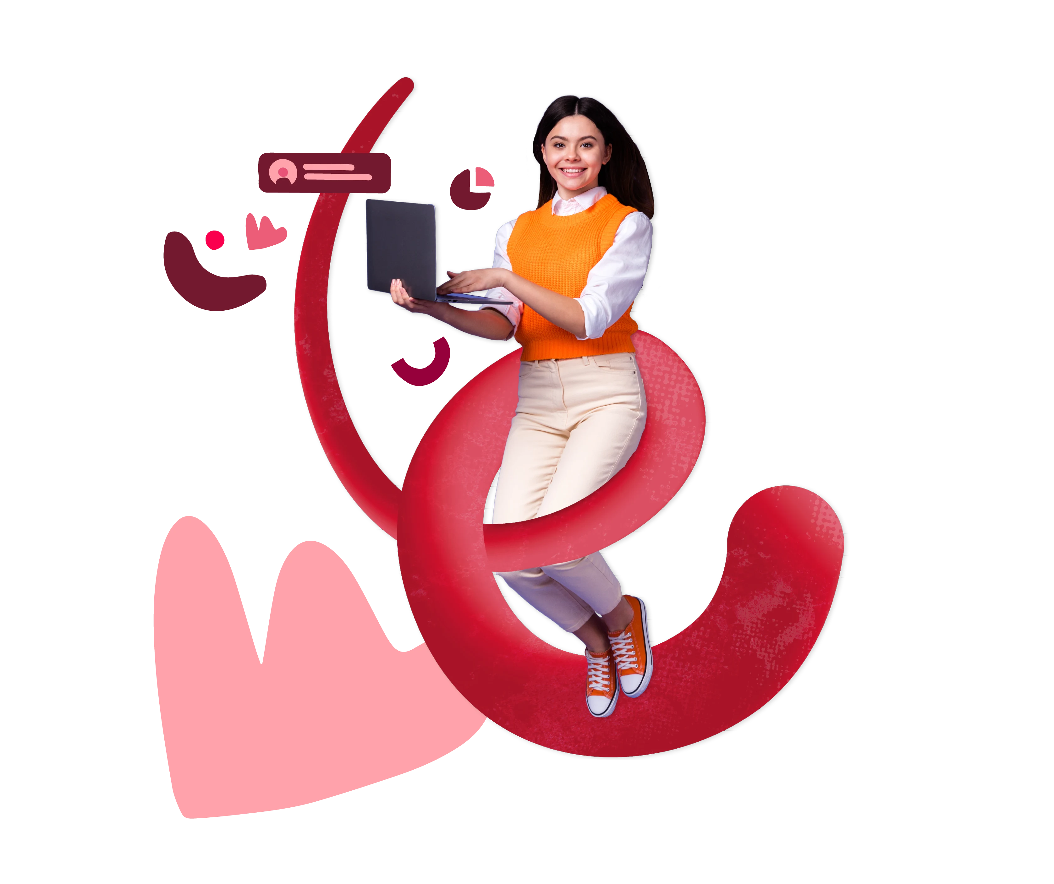 professional woman with laptop in vibrant orange vest surrounded by playful abstract shapes, cheerful modern digital workspace illustration