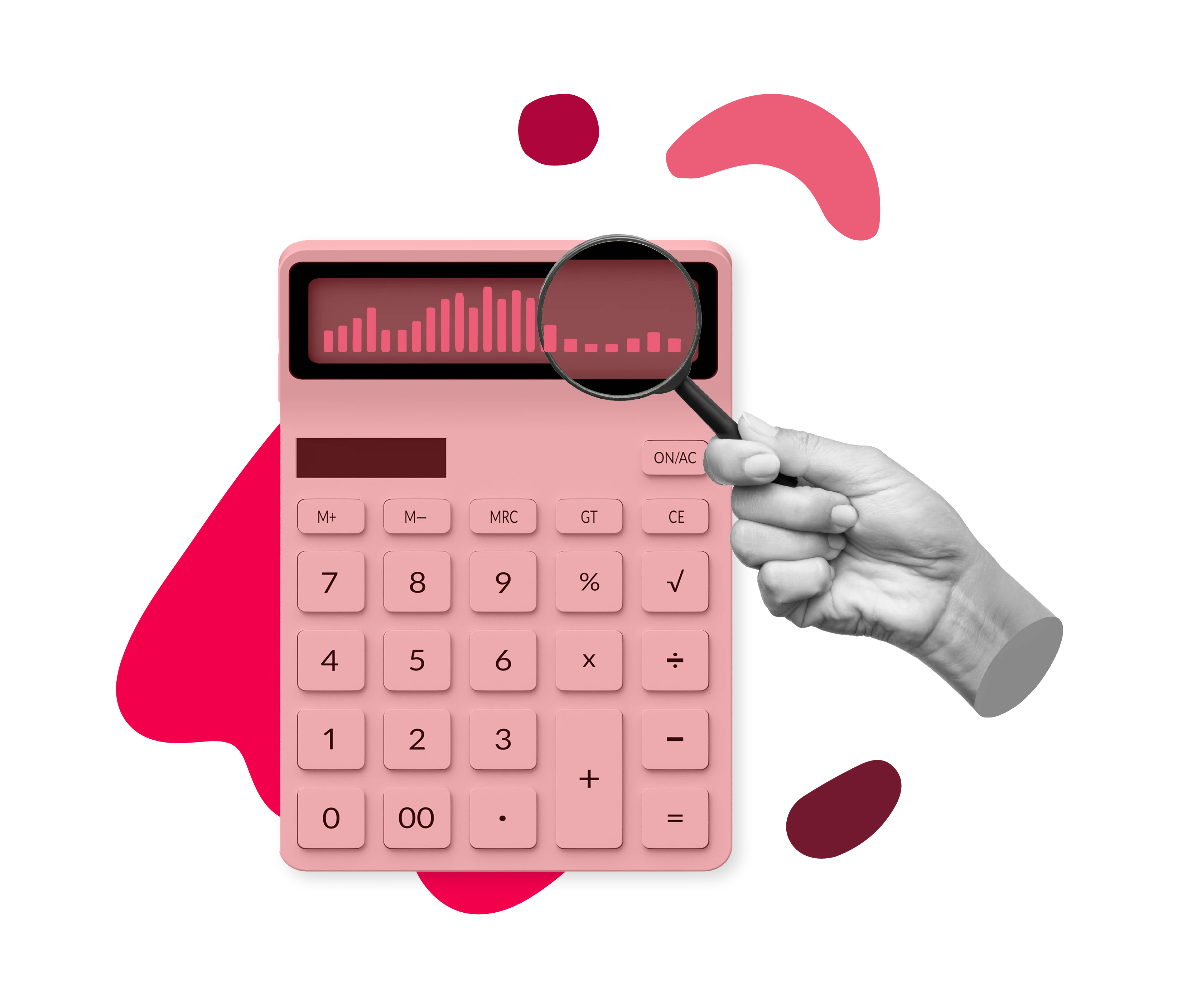 calculator, hand, magnifying glass, data visualization