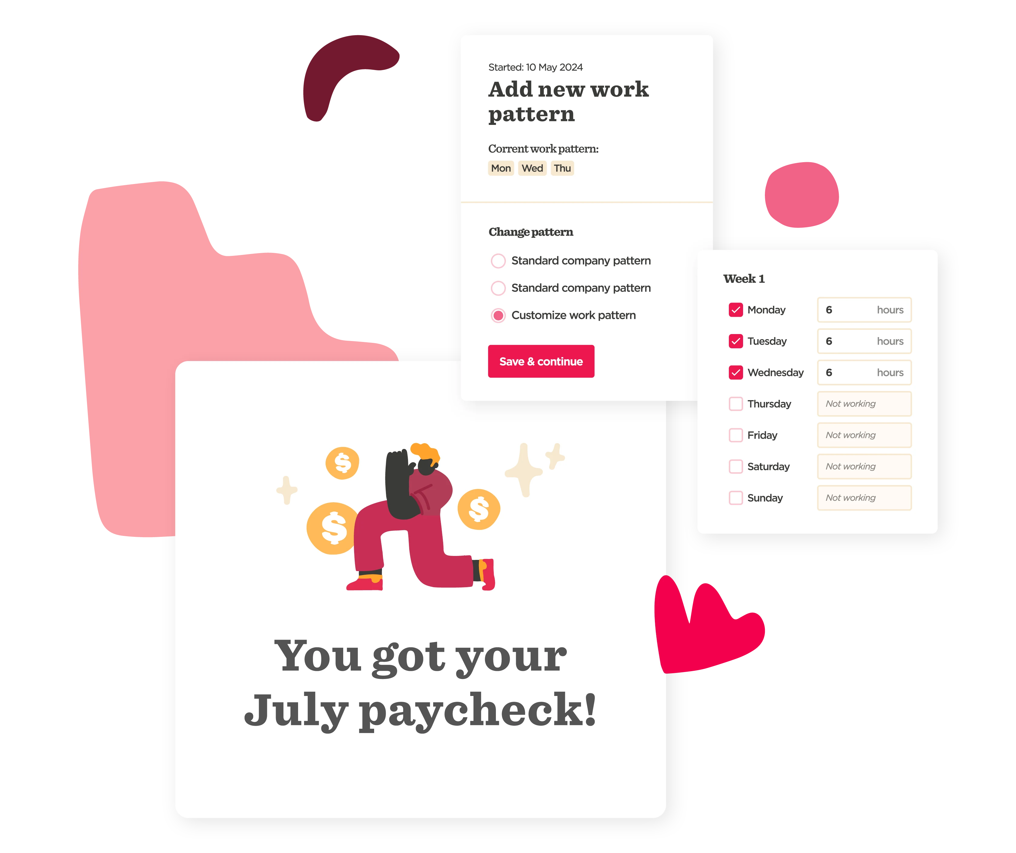 paycheck notification and work schedule customization interface, illustration of person celebrating with dollar signs