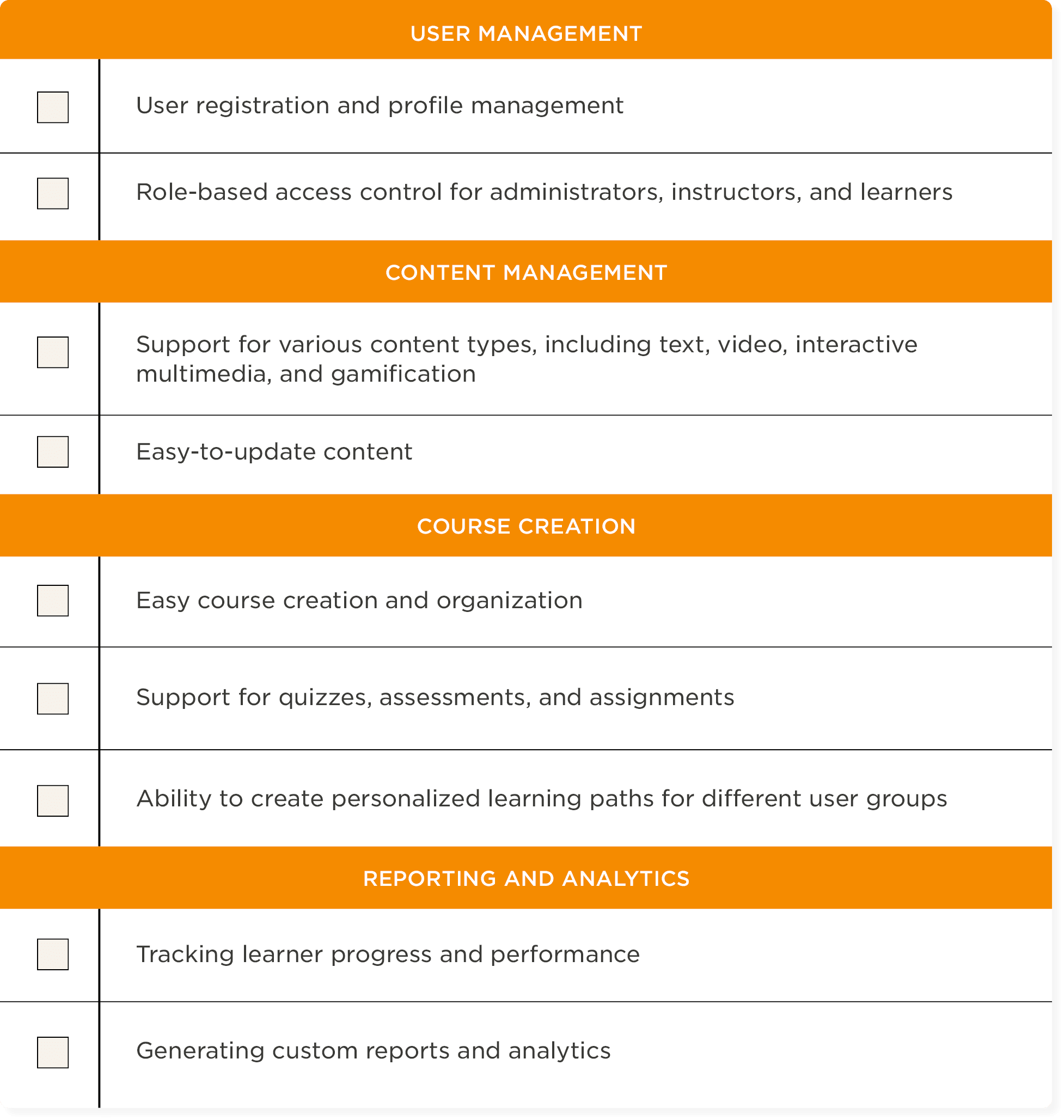 user management, content management, course creation, reporting and analytics