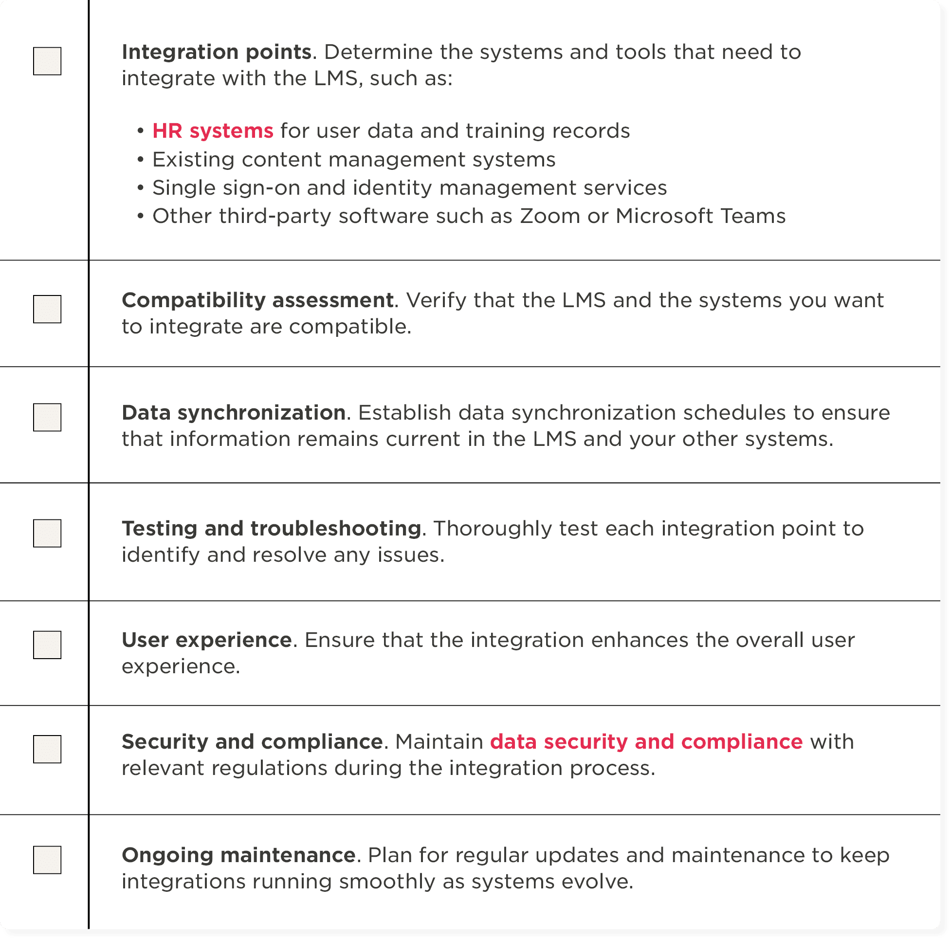 integration points, data synchronization and user experience focus in LMS integration process.