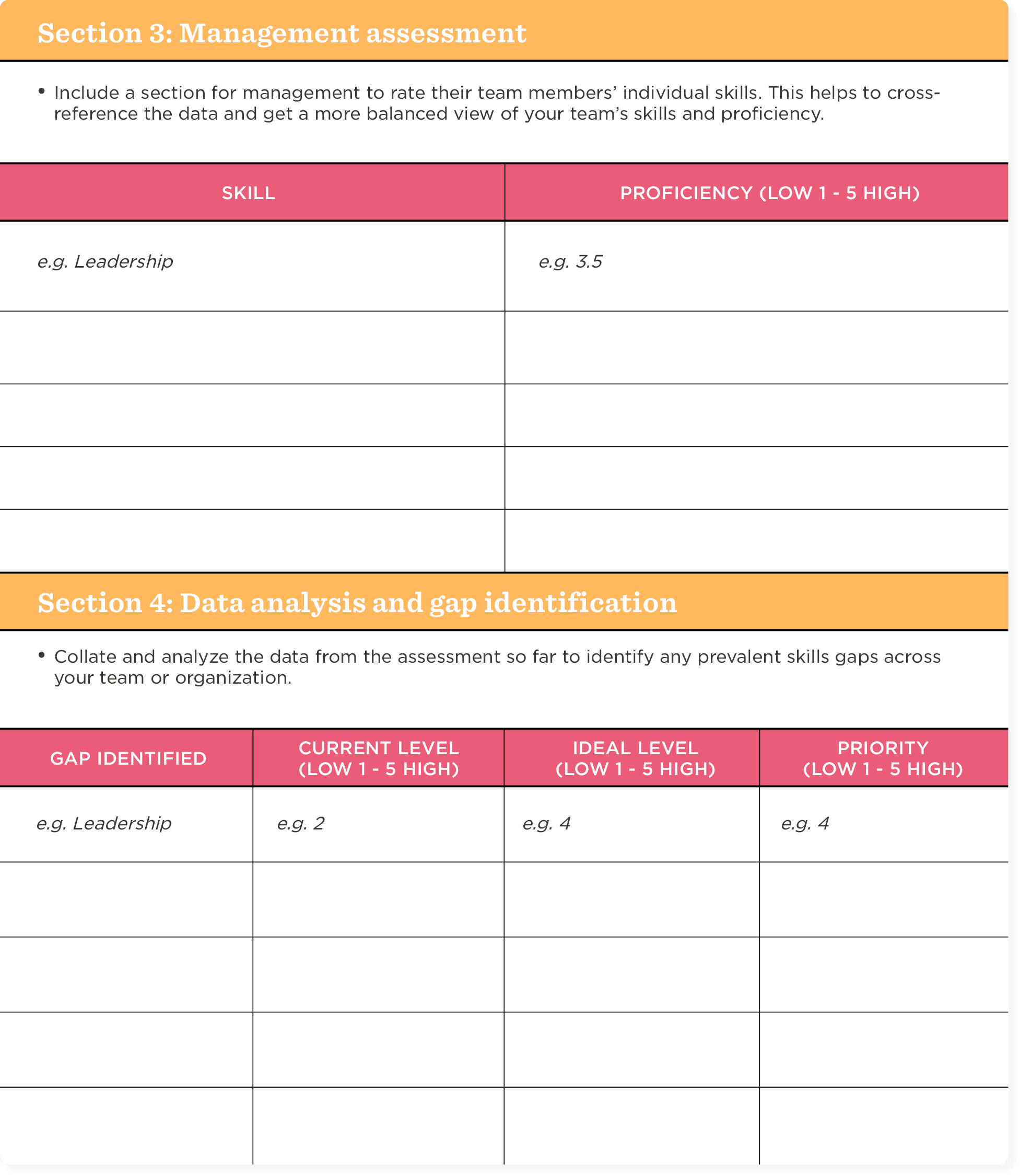 management assessment form, skills gap identification and analysis