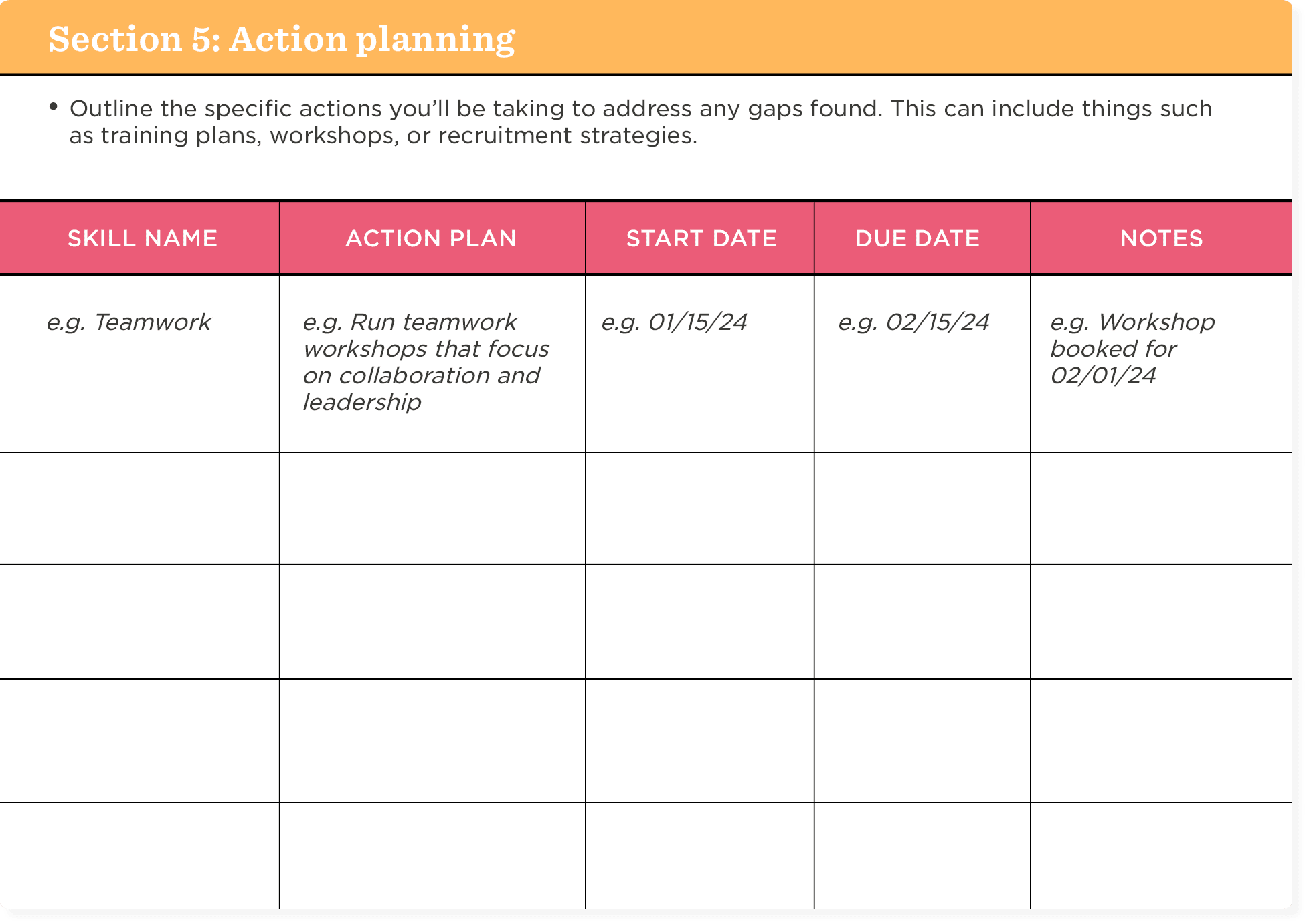 action planning template, skills development worksheet