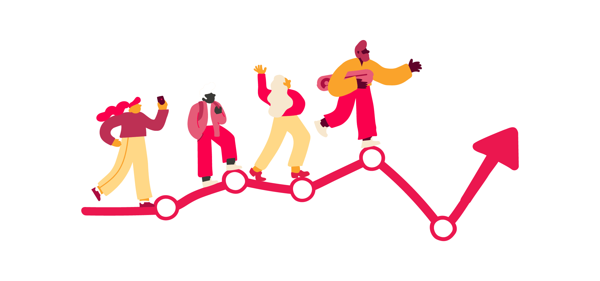 people walking on a growth chart with upward arrows, encouraging movement and positive progress, vibrant illustration of diverse figures on a success path