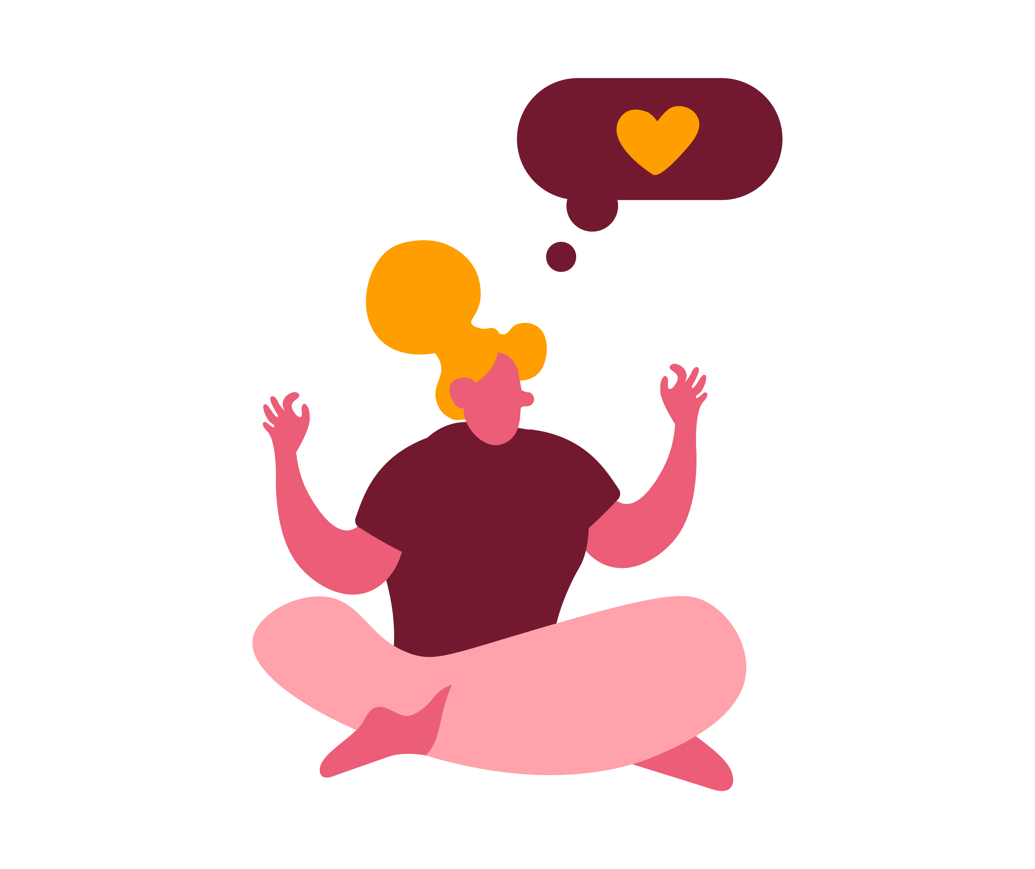 mindful woman sitting cross-legged, yellow heart symbol in thought bubble