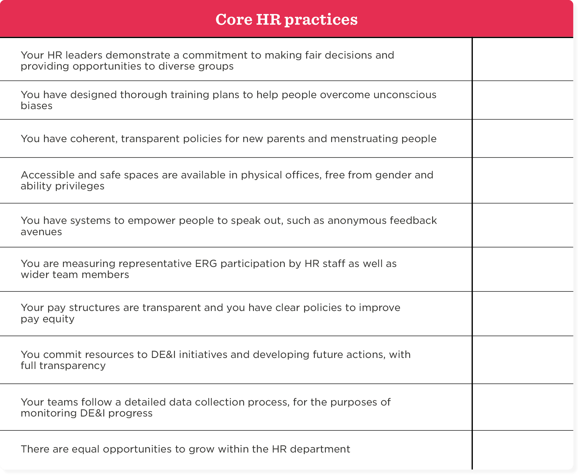 Core HR practices for diversity, equity, and inclusion with actionable steps and transparent policies for all employees., HR initiatives focusing on fair opportunities, training against biases, and accessible workplaces.